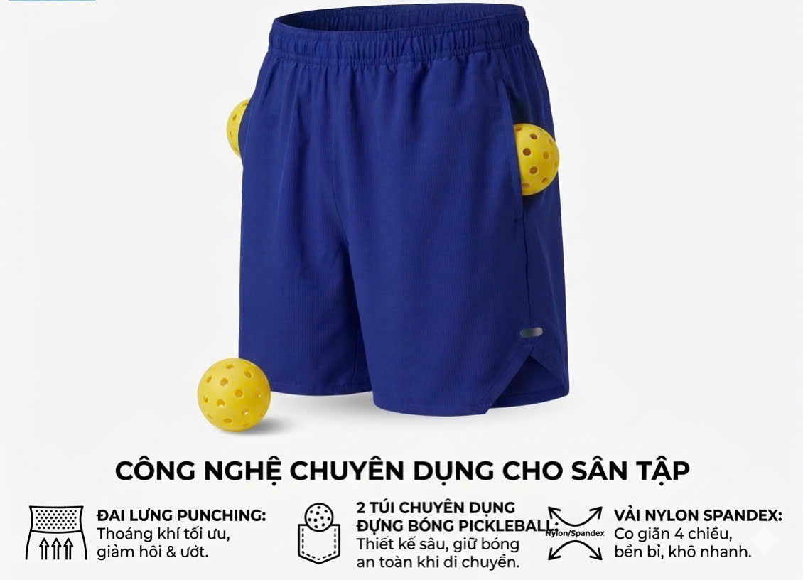 Quần Short Nam Pickleball Cao Cấp Co Giãn 4 Chiều, Thoáng Mát